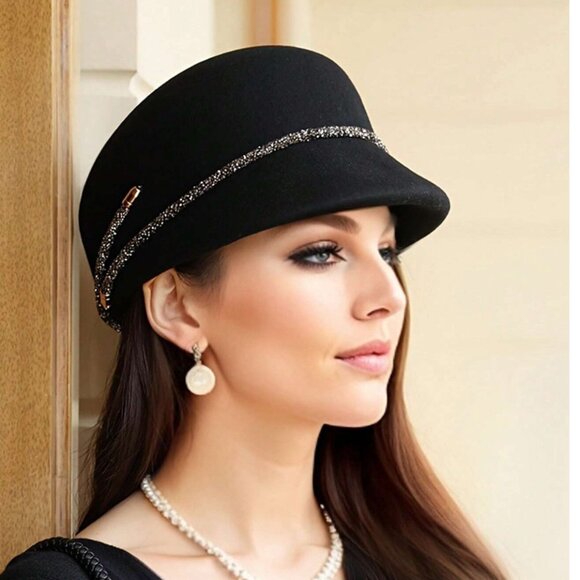 Wool Gem Decor French Felt Beret, Adjustable British Style Cap - Picture 4 of 11